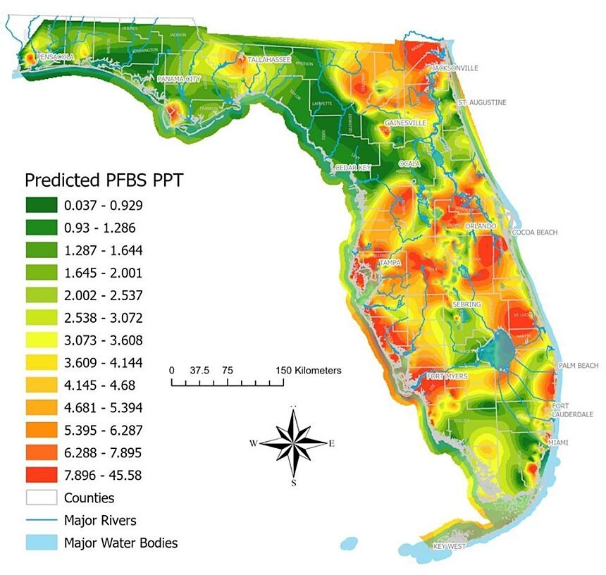 Map of Florida showing PFAS detection hotspots in water supplies